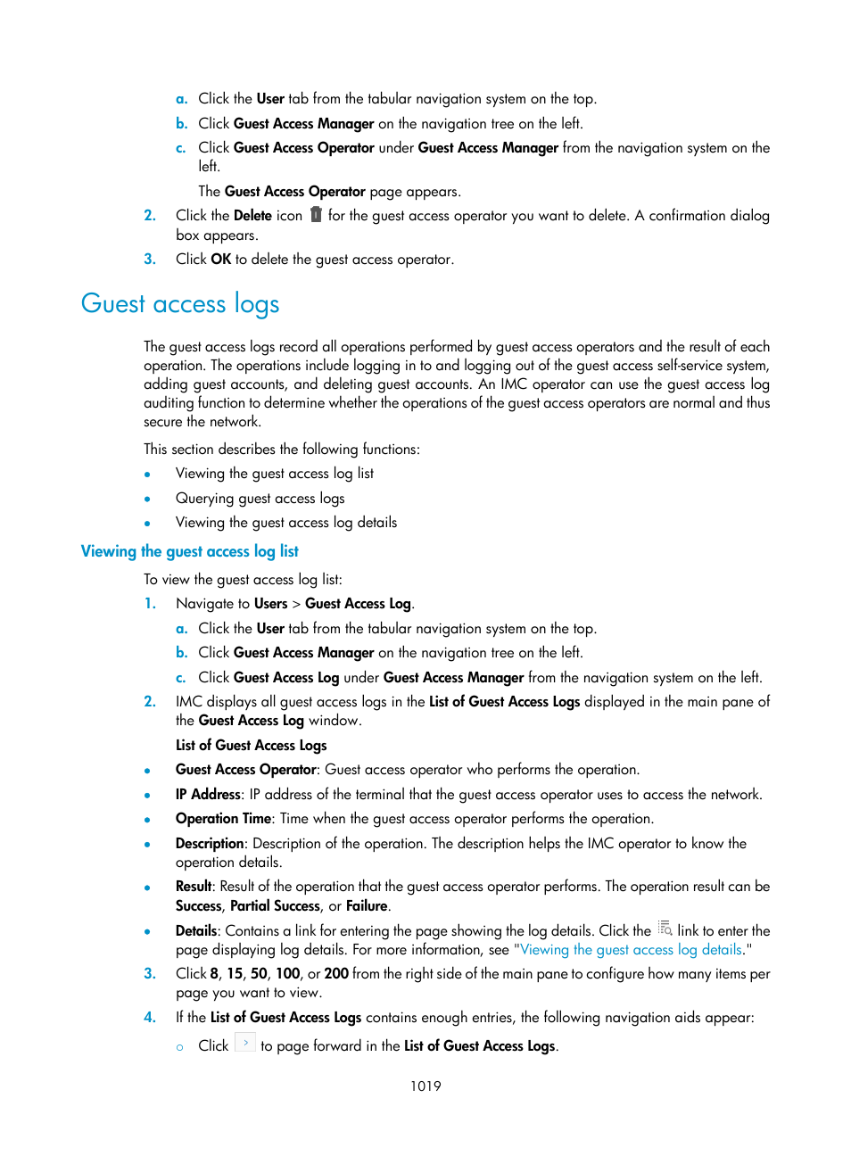 Guest access logs, Viewing the guest access log list | H3C Technologies H3C Intelligent Management Center User Manual | Page 1033 / 1065