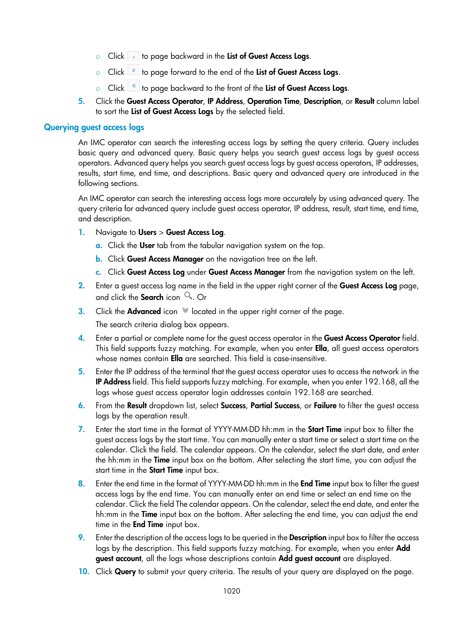 Querying guest access logs | H3C Technologies H3C Intelligent Management Center User Manual | Page 1034 / 1065