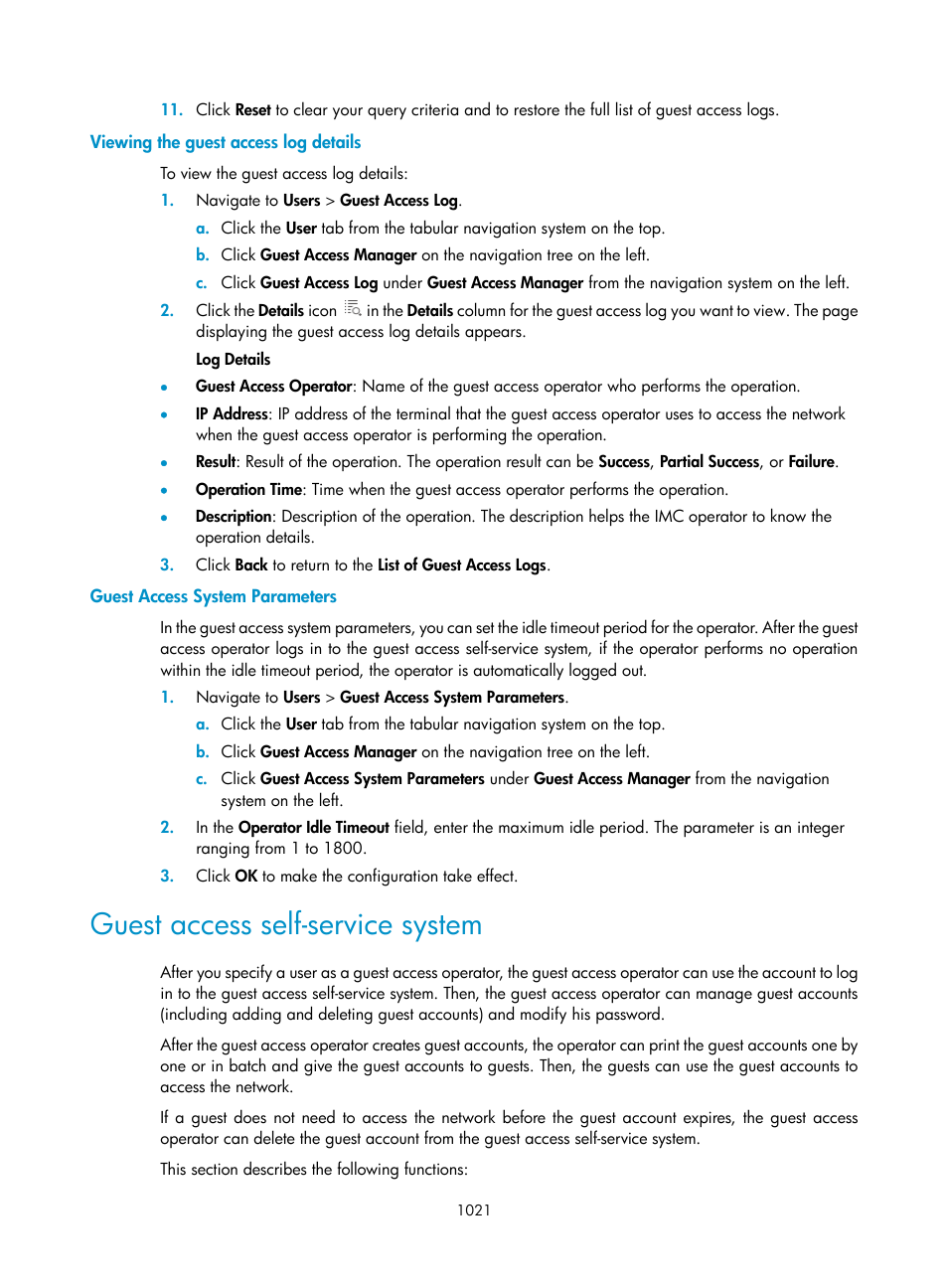 Viewing the guest access log details, Guest access system parameters, Guest access self-service system | H3C Technologies H3C Intelligent Management Center User Manual | Page 1035 / 1065