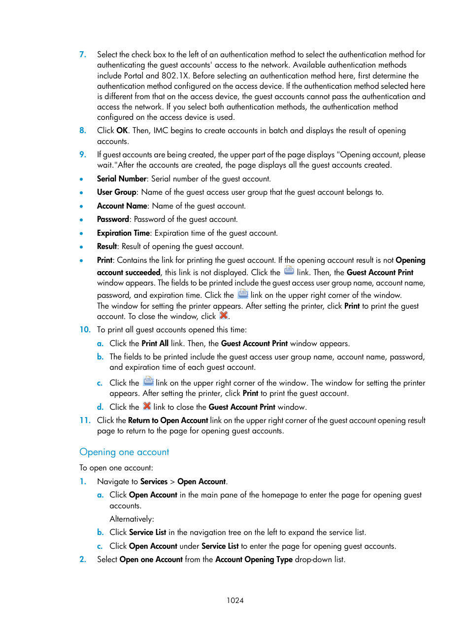 Opening one account | H3C Technologies H3C Intelligent Management Center User Manual | Page 1038 / 1065