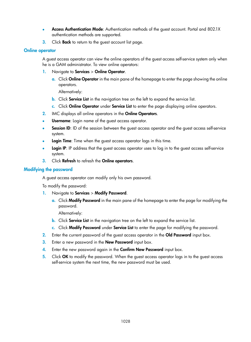 Online operator, Modifying the password | H3C Technologies H3C Intelligent Management Center User Manual | Page 1042 / 1065