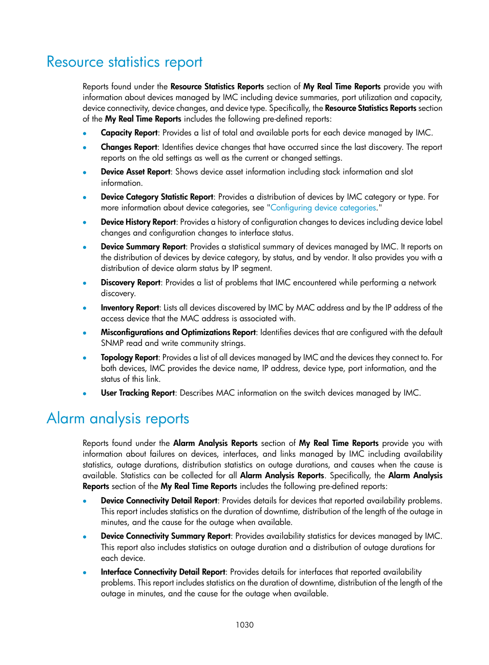 Resource statistics report, Alarm analysis reports | H3C Technologies H3C Intelligent Management Center User Manual | Page 1044 / 1065