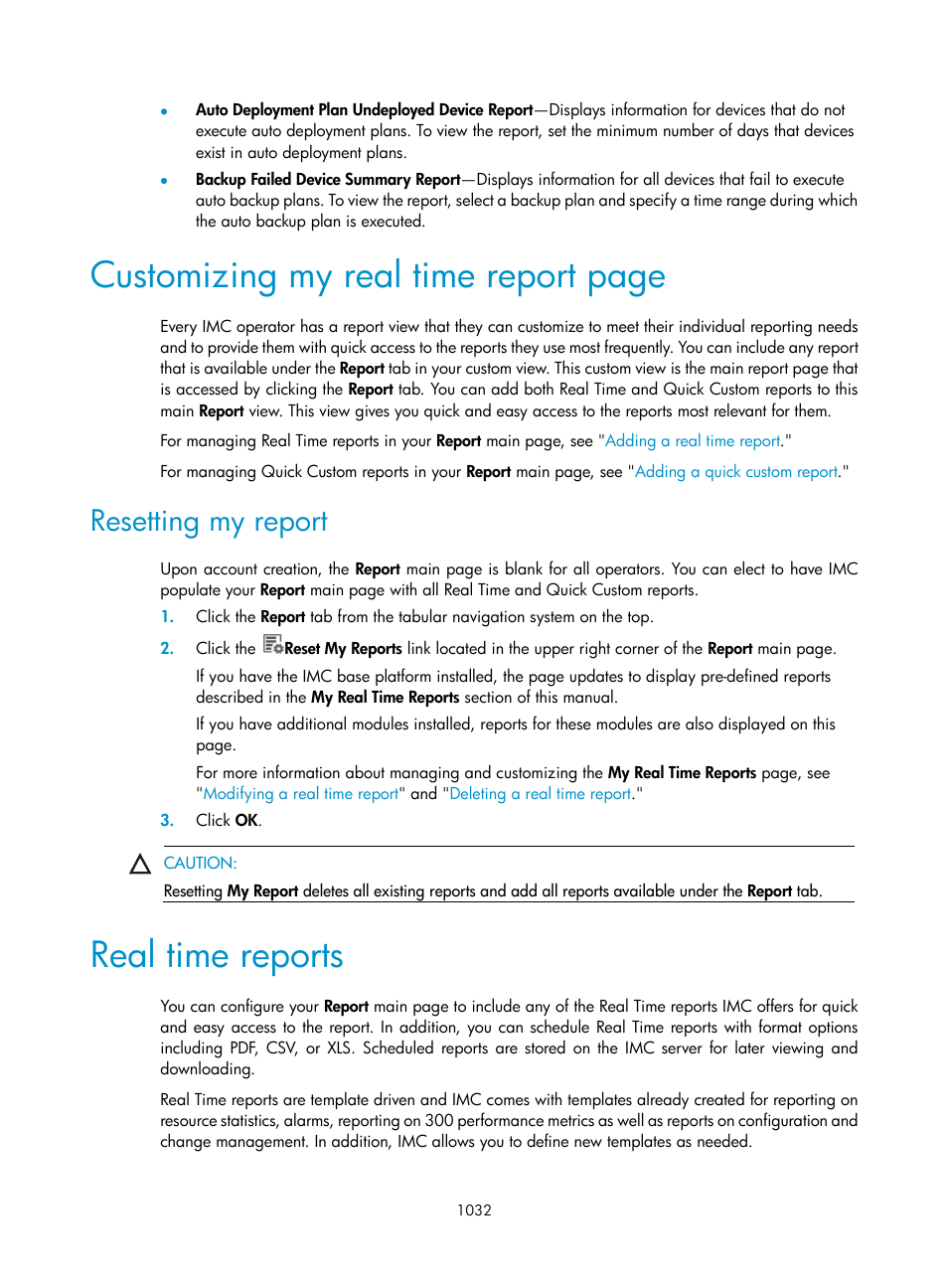 Resetting my report, Real time reports, Customizing my real time report page | H3C Technologies H3C Intelligent Management Center User Manual | Page 1046 / 1065