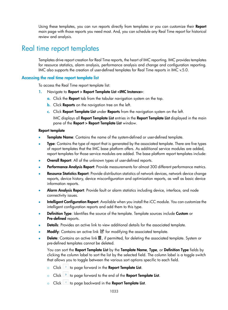 Real time report templates, Accessing the real time report template list | H3C Technologies H3C Intelligent Management Center User Manual | Page 1047 / 1065
