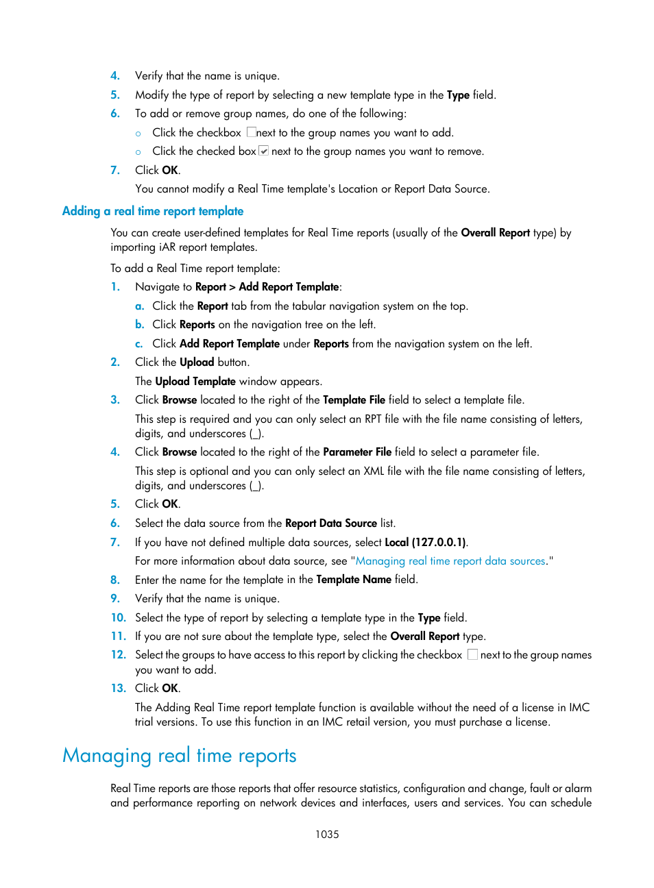 Adding a real time report template, Managing real time reports | H3C Technologies H3C Intelligent Management Center User Manual | Page 1049 / 1065