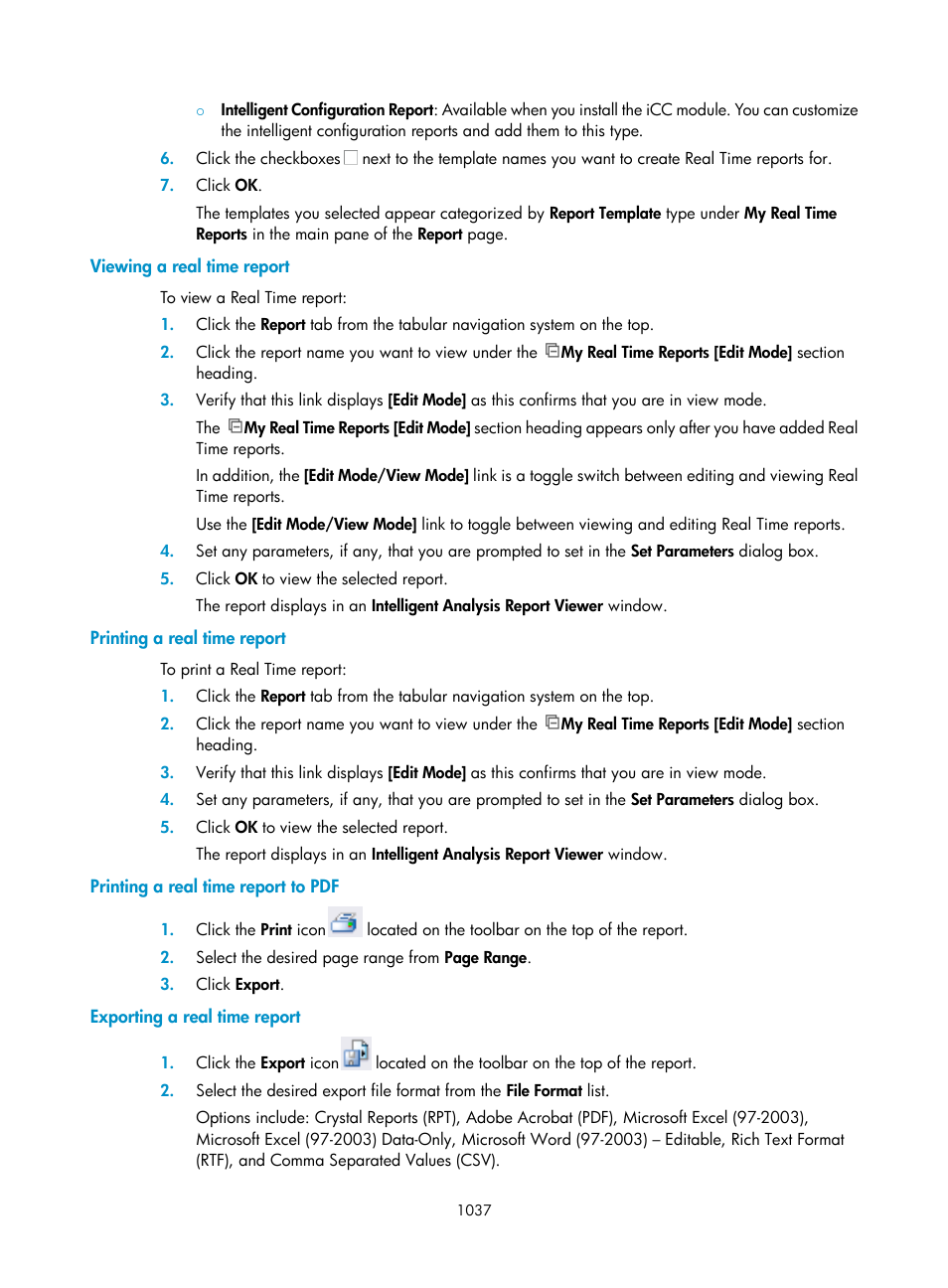 Viewing a real time report, Printing a real time report, Printing a real time report to pdf | Exporting a real time report | H3C Technologies H3C Intelligent Management Center User Manual | Page 1051 / 1065