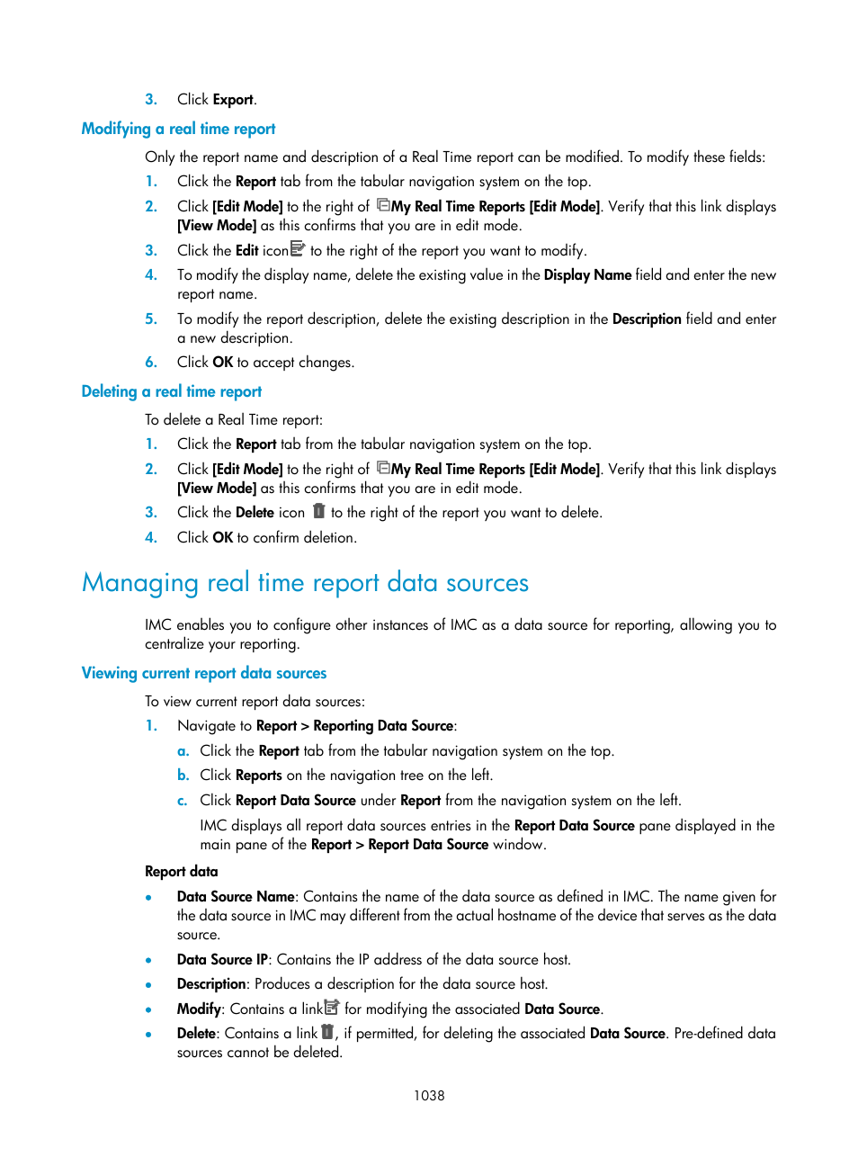 Modifying a real time report, Deleting a real time report, Managing real time report data sources | Viewing current report data sources | H3C Technologies H3C Intelligent Management Center User Manual | Page 1052 / 1065