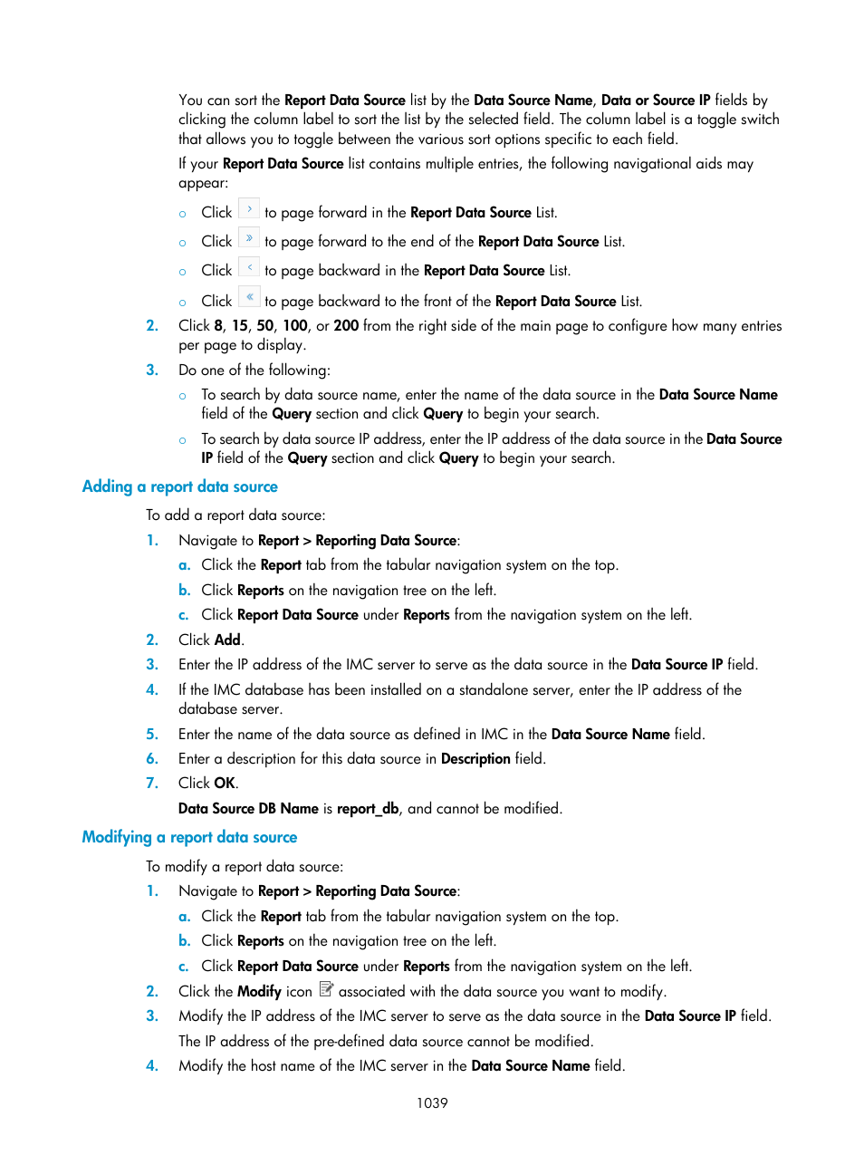 Adding a report data source, Modifying a report data source | H3C Technologies H3C Intelligent Management Center User Manual | Page 1053 / 1065