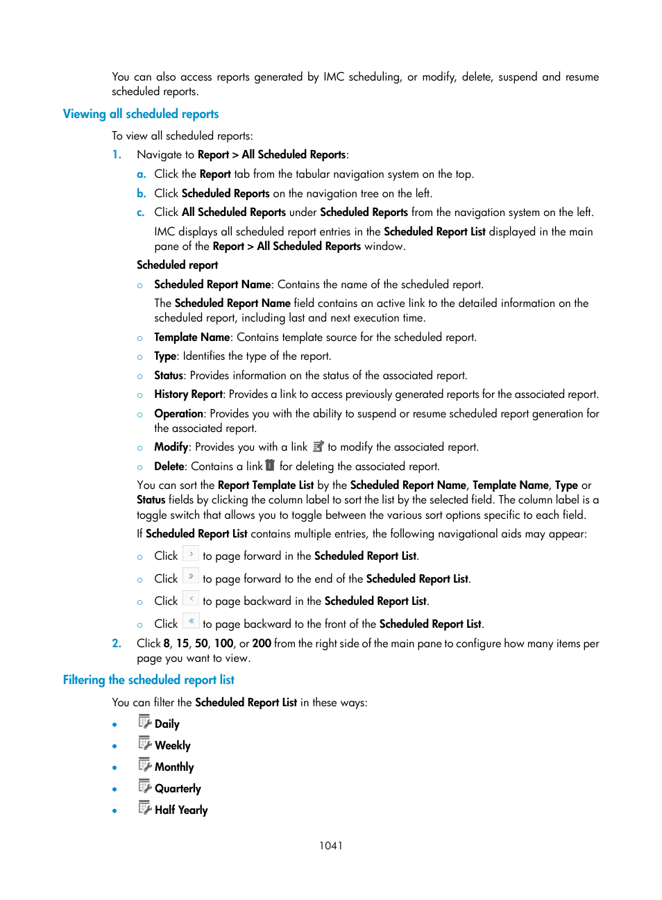 Viewing all scheduled reports, Filtering the scheduled report list | H3C Technologies H3C Intelligent Management Center User Manual | Page 1055 / 1065