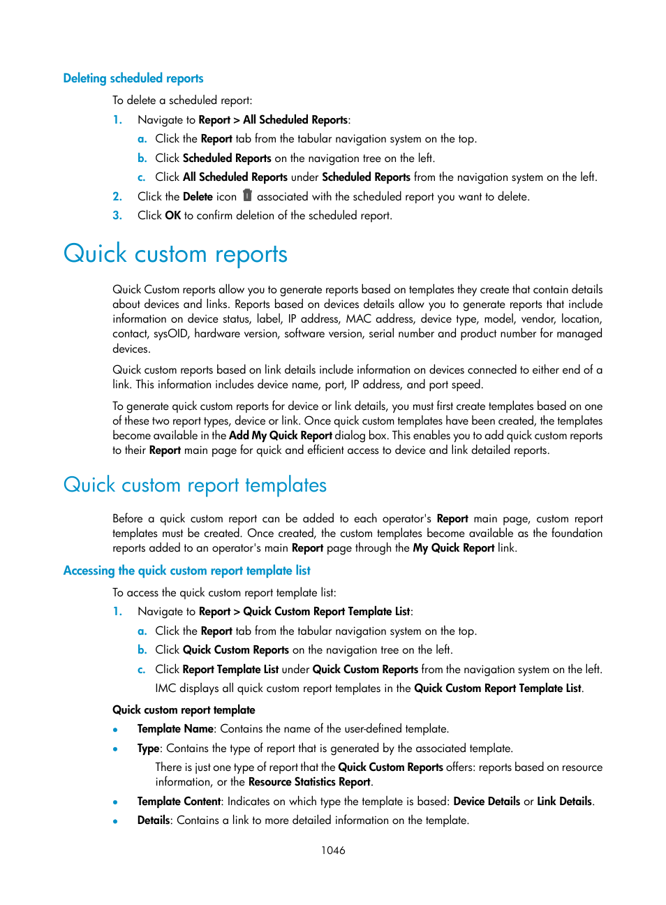 Deleting scheduled reports, Quick custom reports, Quick custom report templates | Accessing the quick custom report template list | H3C Technologies H3C Intelligent Management Center User Manual | Page 1060 / 1065