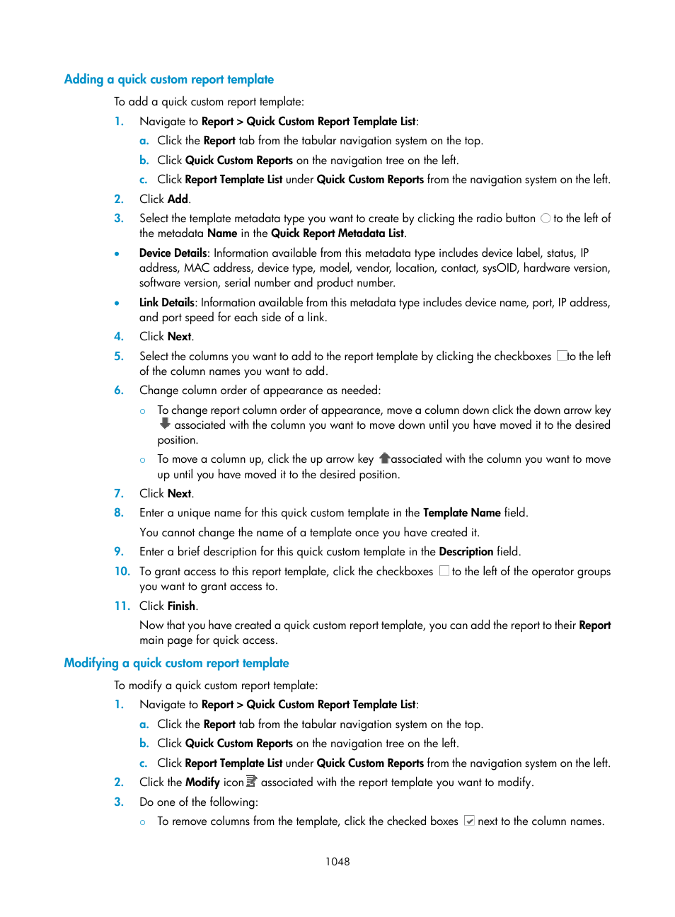 Adding a quick custom report template, Modifying a quick custom report template | H3C Technologies H3C Intelligent Management Center User Manual | Page 1062 / 1065