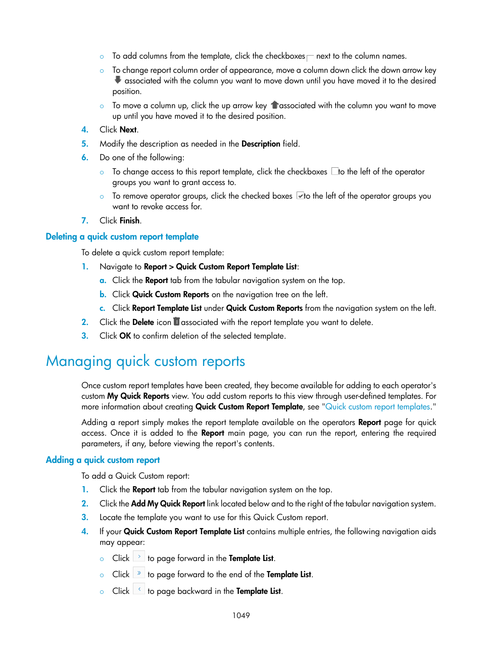 Deleting a quick custom report template, Managing quick custom reports, Adding a quick custom report | H3C Technologies H3C Intelligent Management Center User Manual | Page 1063 / 1065