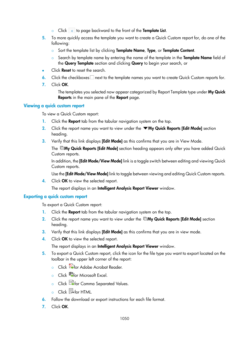Viewing a quick custom report, Exporting a quick custom report | H3C Technologies H3C Intelligent Management Center User Manual | Page 1064 / 1065