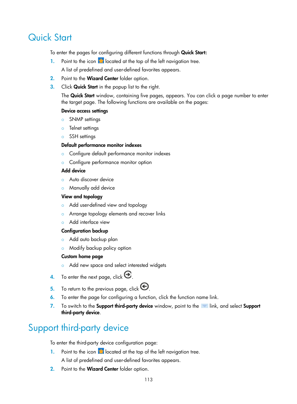 Quick start, Support third-party device | H3C Technologies H3C Intelligent Management Center User Manual | Page 127 / 1065