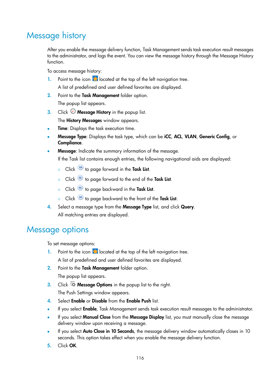 Message history, Message options | H3C Technologies H3C Intelligent Management Center User Manual | Page 130 / 1065