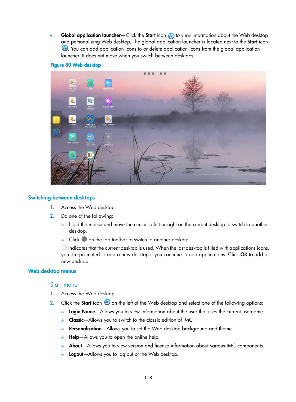 Switching between desktops, Web desktop menus, Start menu | H3C Technologies H3C Intelligent Management Center User Manual | Page 132 / 1065