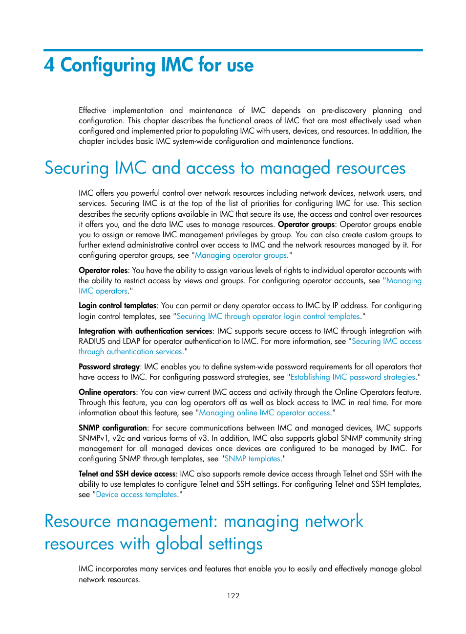 4 configuring imc for use, Securing imc and access to managed resources, 4 configuring imc | For use | H3C Technologies H3C Intelligent Management Center User Manual | Page 136 / 1065