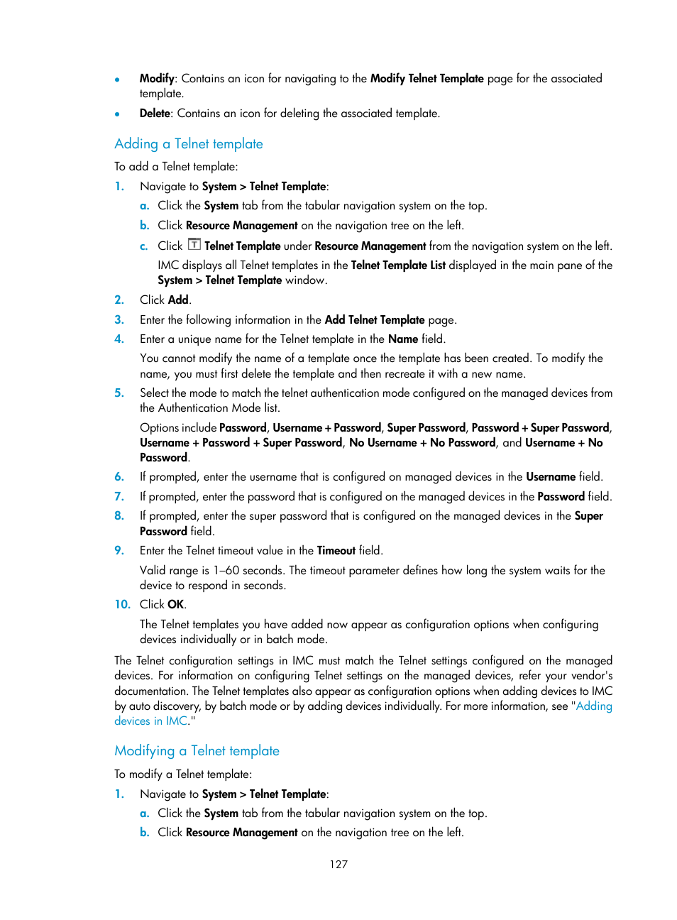 Adding a telnet template, Modifying a telnet template | H3C Technologies H3C Intelligent Management Center User Manual | Page 141 / 1065