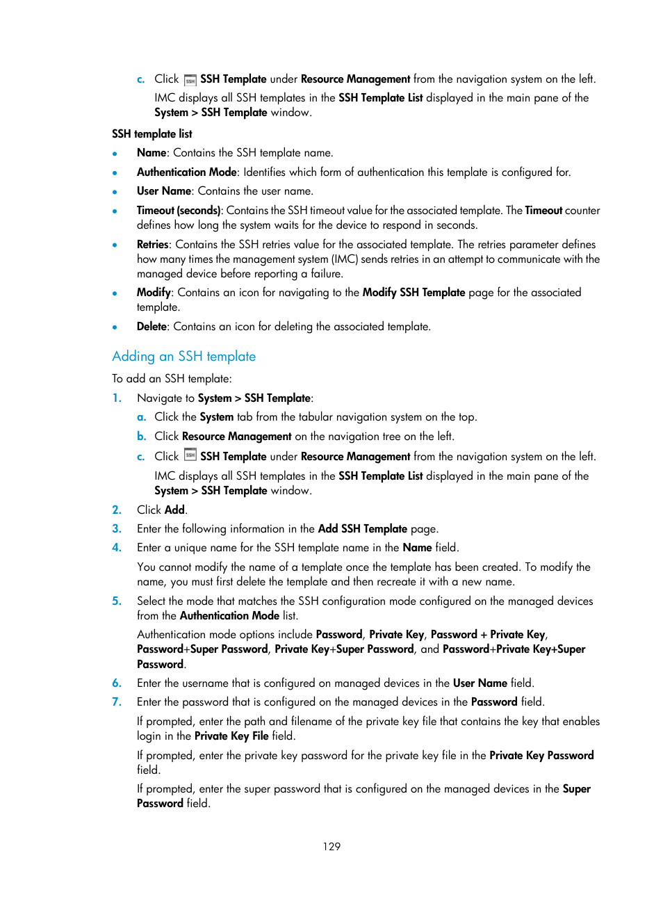 Adding an ssh template | H3C Technologies H3C Intelligent Management Center User Manual | Page 143 / 1065