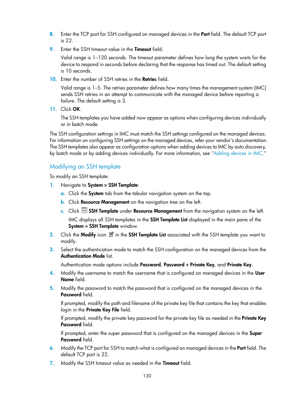 Modifying an ssh template | H3C Technologies H3C Intelligent Management Center User Manual | Page 144 / 1065