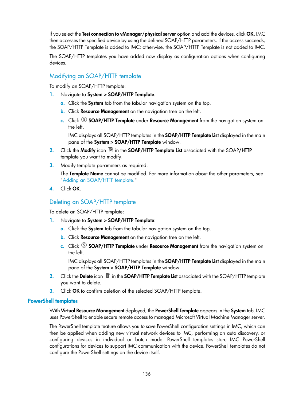 Modifying an soap/http template, Deleting an soap/http template, Powershell templates | H3C Technologies H3C Intelligent Management Center User Manual | Page 150 / 1065