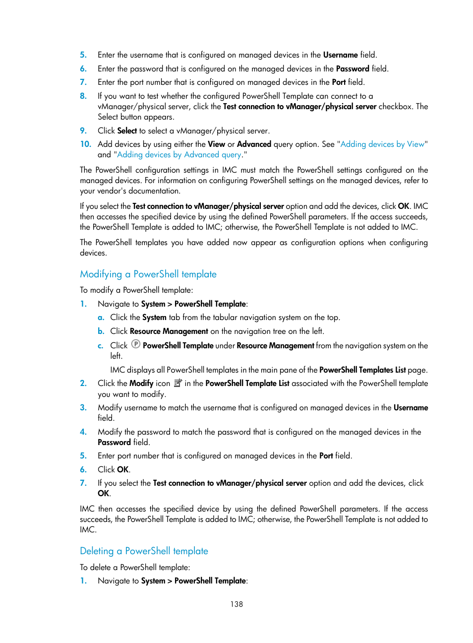 Modifying a powershell template, Deleting a powershell template | H3C Technologies H3C Intelligent Management Center User Manual | Page 152 / 1065