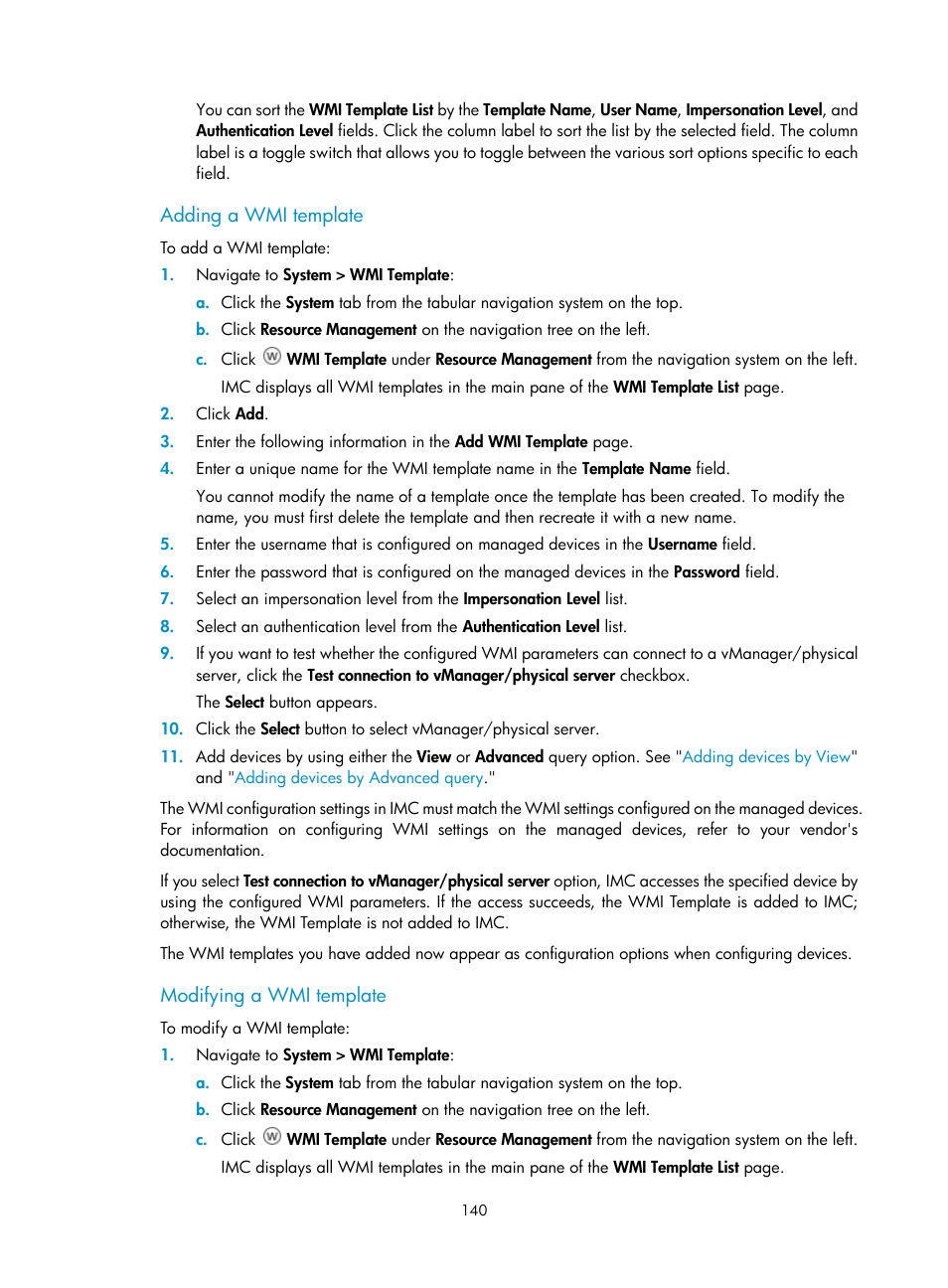 Adding a wmi template, Modifying a wmi template | H3C Technologies H3C Intelligent Management Center User Manual | Page 154 / 1065