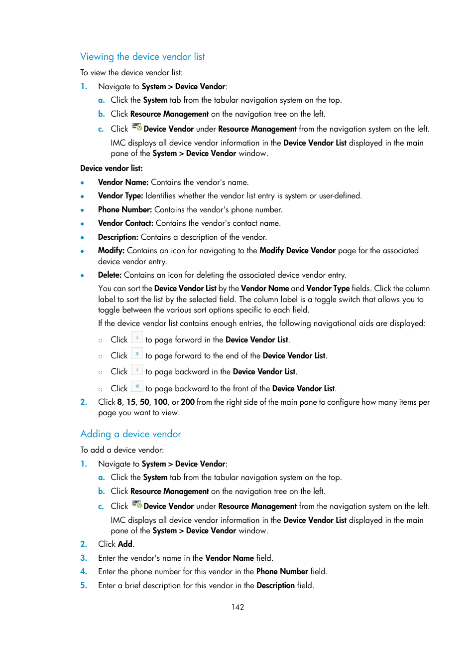 Viewing the device vendor list, Adding a device vendor | H3C Technologies H3C Intelligent Management Center User Manual | Page 156 / 1065