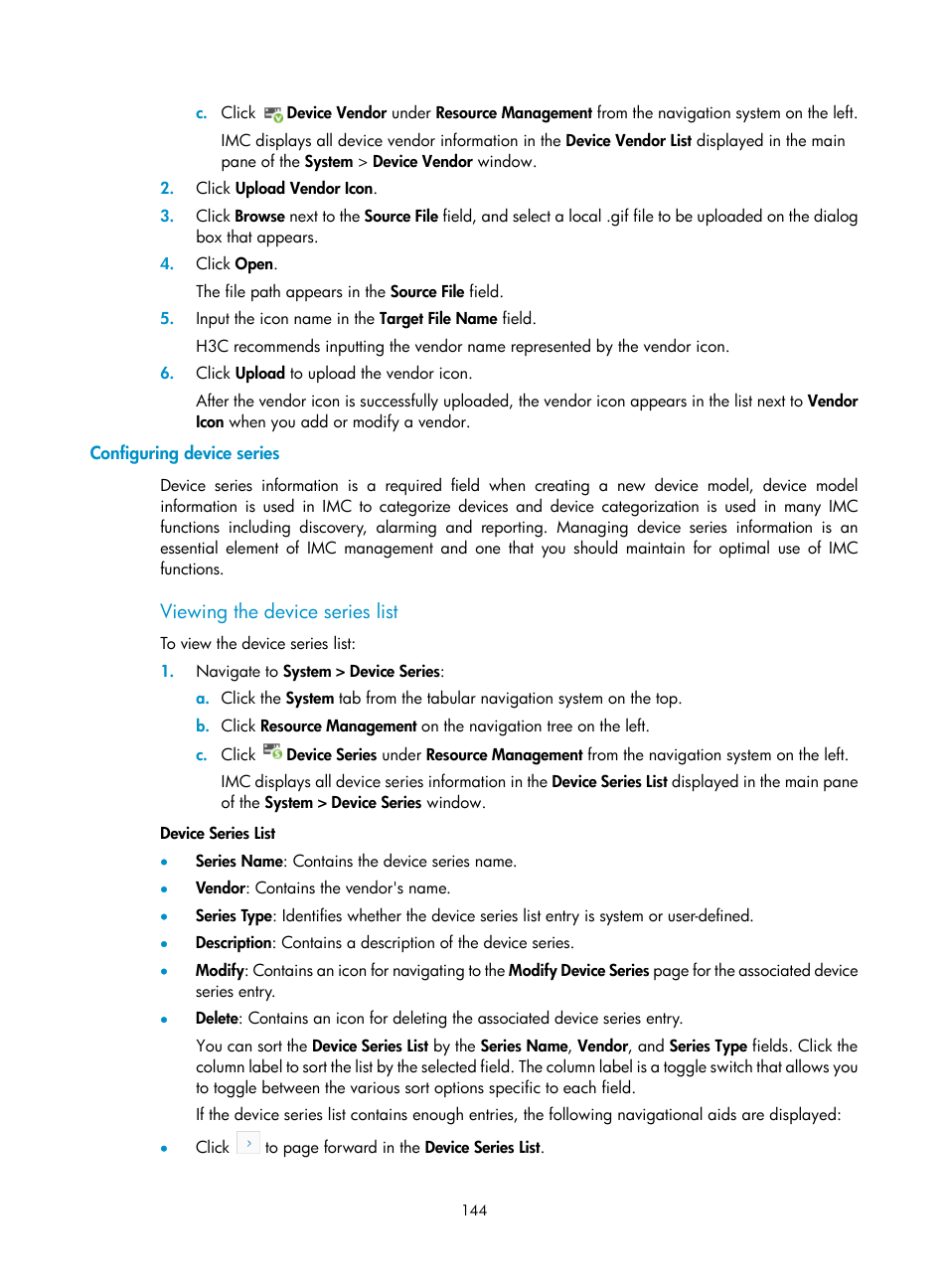 Configuring device series, Viewing the device series list | H3C Technologies H3C Intelligent Management Center User Manual | Page 158 / 1065