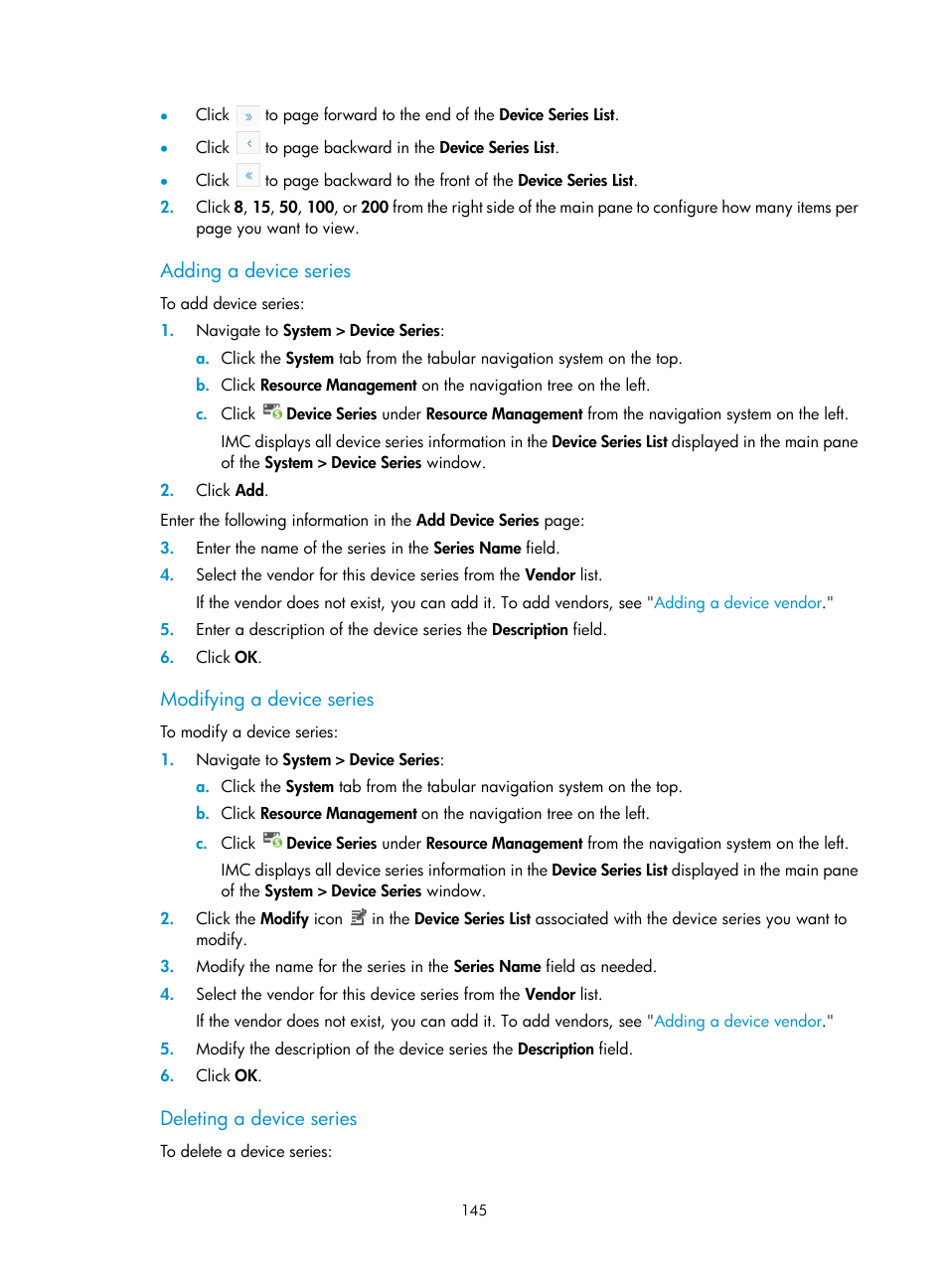 Adding a device series, Modifying a device series, Deleting a device series | H3C Technologies H3C Intelligent Management Center User Manual | Page 159 / 1065