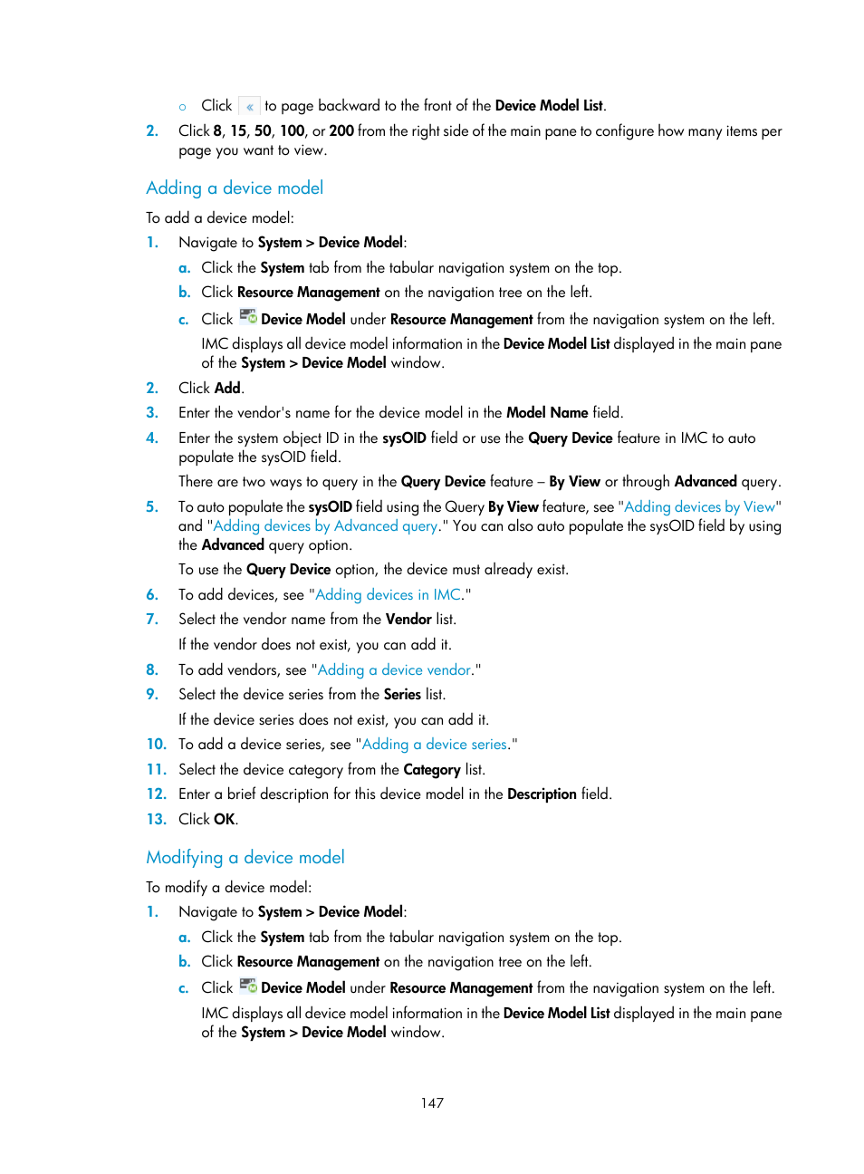 Adding a device model, Modifying a device model | H3C Technologies H3C Intelligent Management Center User Manual | Page 161 / 1065