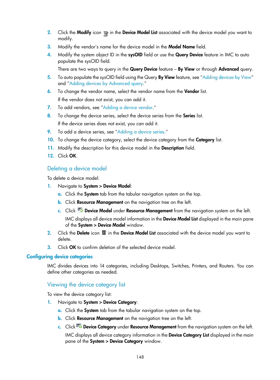 Deleting a device model, Configuring device categories, Viewing the device category list | H3C Technologies H3C Intelligent Management Center User Manual | Page 162 / 1065