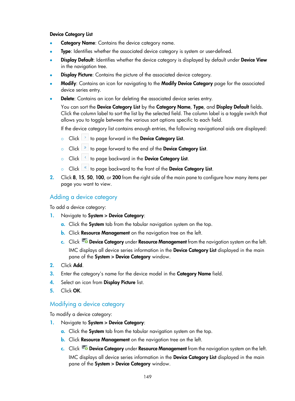 Adding a device category, Modifying a device category | H3C Technologies H3C Intelligent Management Center User Manual | Page 163 / 1065