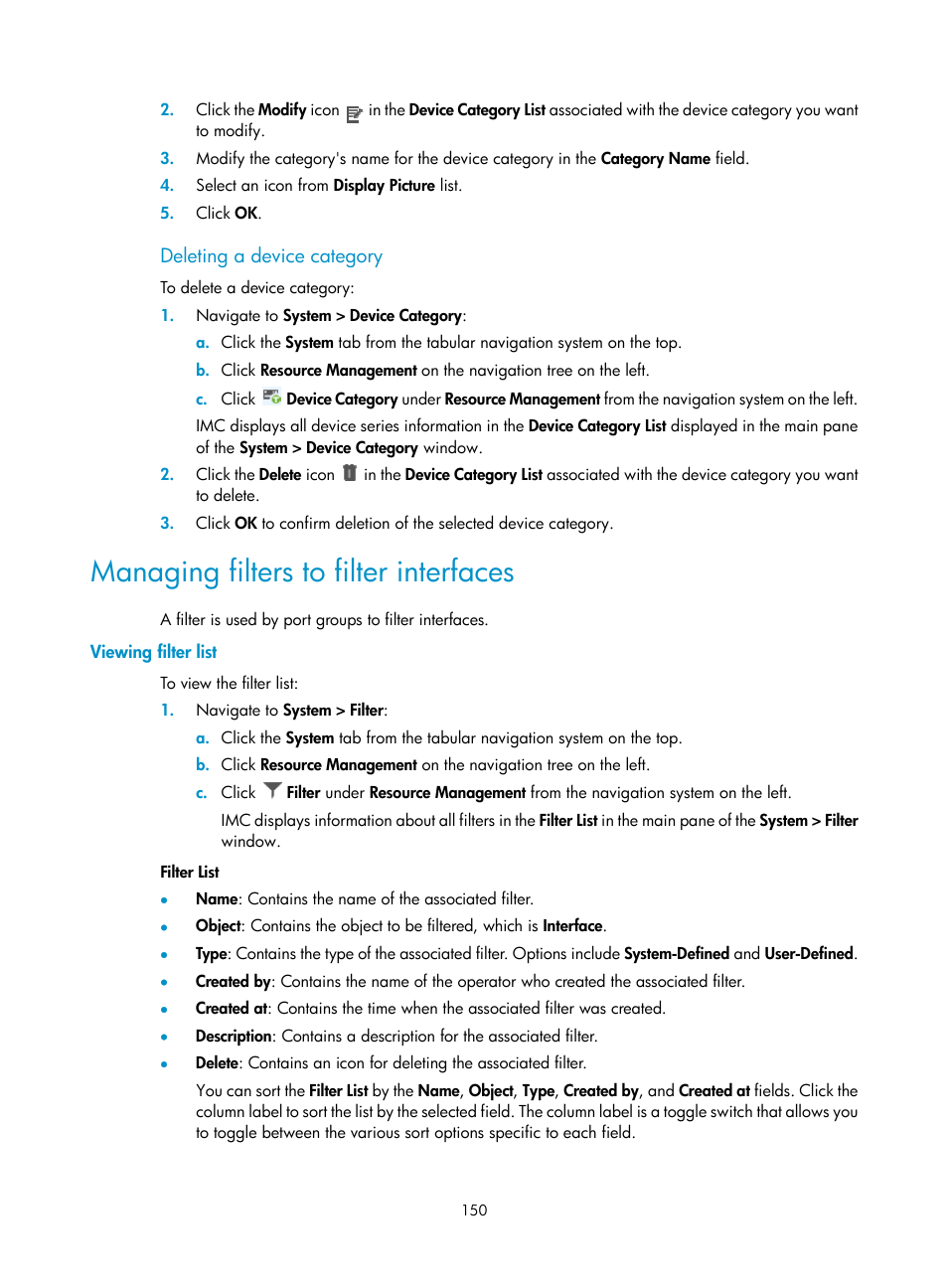 Deleting a device category, Managing filters to filter interfaces, Viewing filter list | H3C Technologies H3C Intelligent Management Center User Manual | Page 164 / 1065