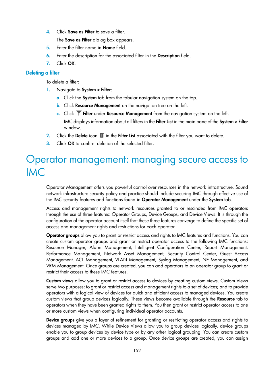 Deleting a filter, Operator management: managing secure access to imc | H3C Technologies H3C Intelligent Management Center User Manual | Page 166 / 1065