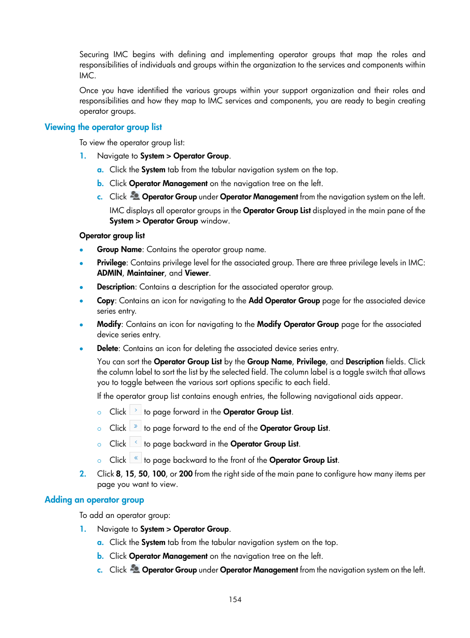 Viewing the operator group list, Adding an operator group | H3C Technologies H3C Intelligent Management Center User Manual | Page 168 / 1065
