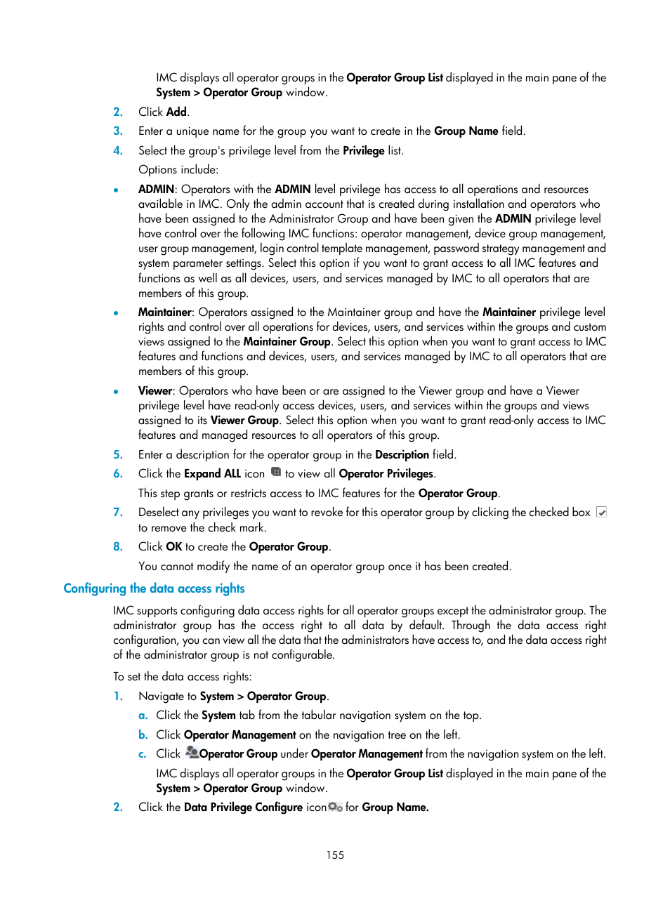 Configuring the data access rights | H3C Technologies H3C Intelligent Management Center User Manual | Page 169 / 1065