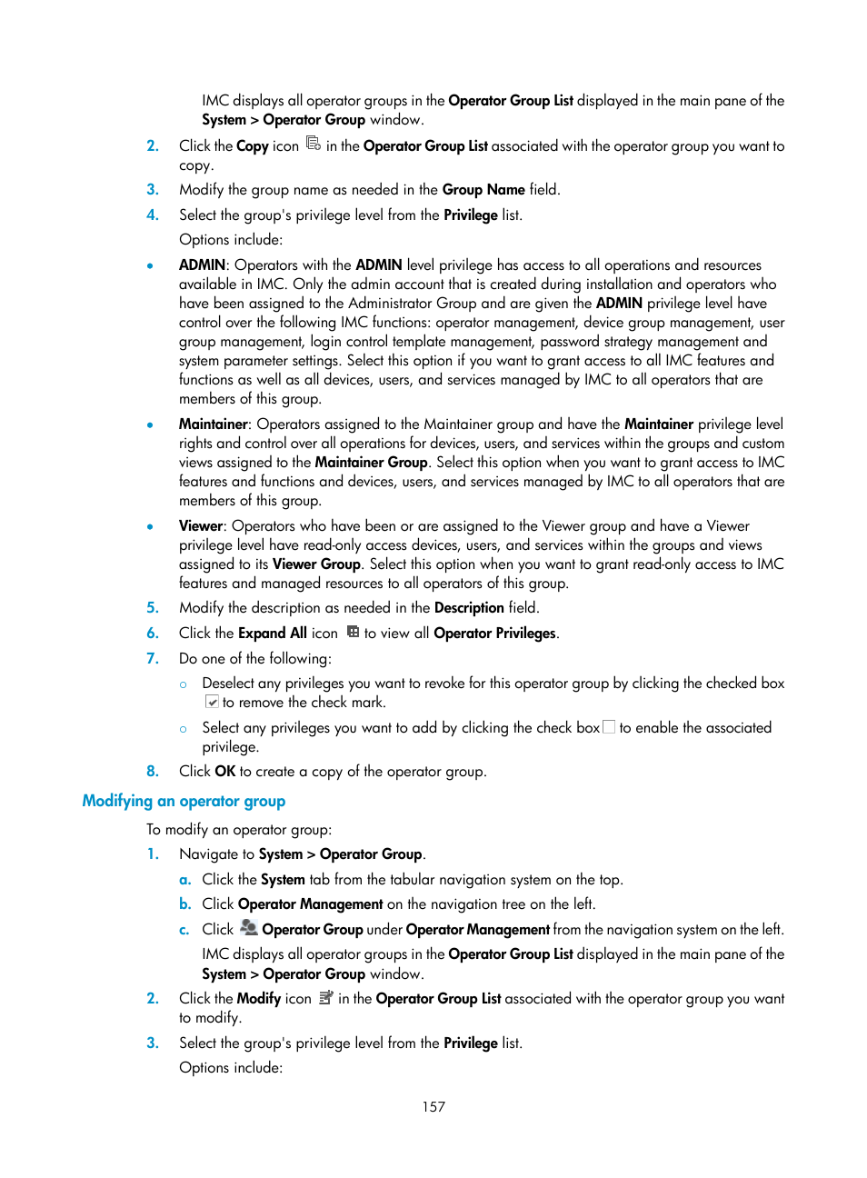 Modifying an operator group | H3C Technologies H3C Intelligent Management Center User Manual | Page 171 / 1065