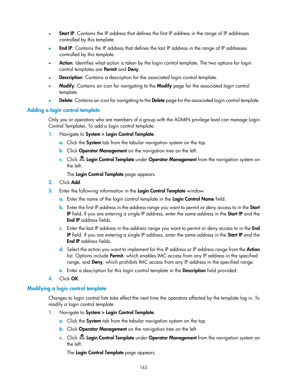 Adding a login control template, Modifying a login control template | H3C Technologies H3C Intelligent Management Center User Manual | Page 176 / 1065