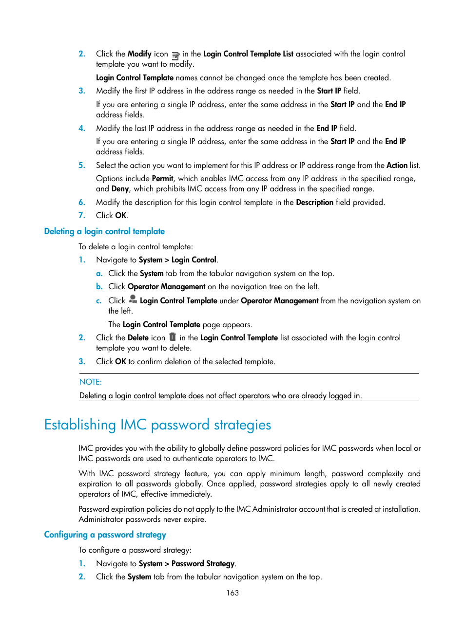 Deleting a login control template, Establishing imc password strategies, Configuring a password strategy | H3C Technologies H3C Intelligent Management Center User Manual | Page 177 / 1065