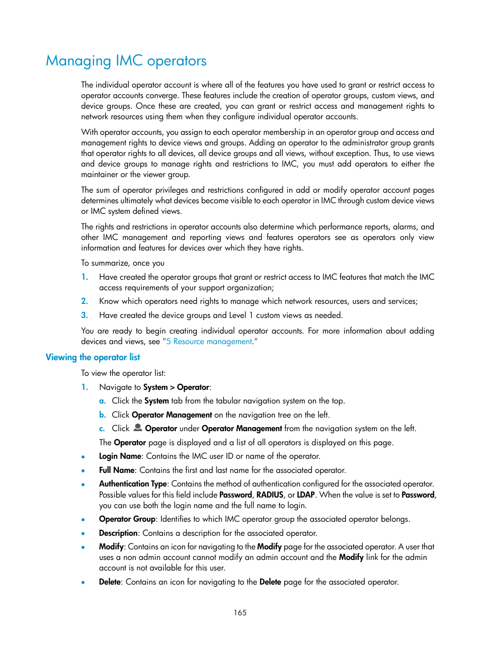 Managing imc operators, Viewing the operator list, Managing | Imc operators | H3C Technologies H3C Intelligent Management Center User Manual | Page 179 / 1065