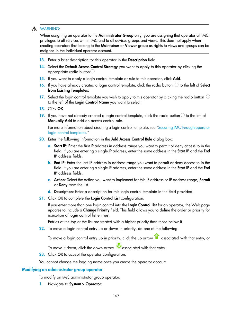 Modifying an administrator group operator | H3C Technologies H3C Intelligent Management Center User Manual | Page 181 / 1065