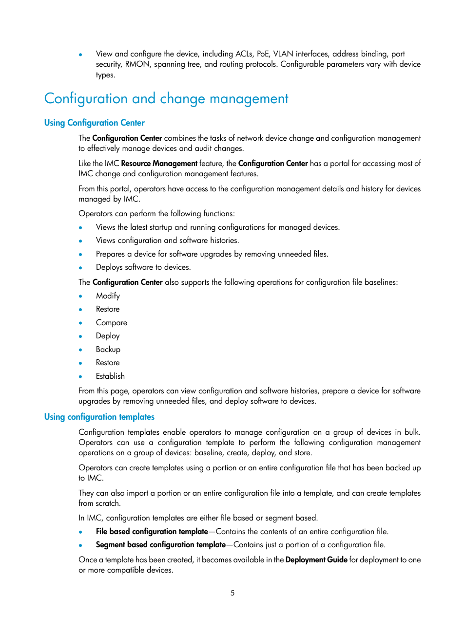 Configuration and change management, Using configuration center, Using configuration templates | Configuration and change, Management | H3C Technologies H3C Intelligent Management Center User Manual | Page 19 / 1065