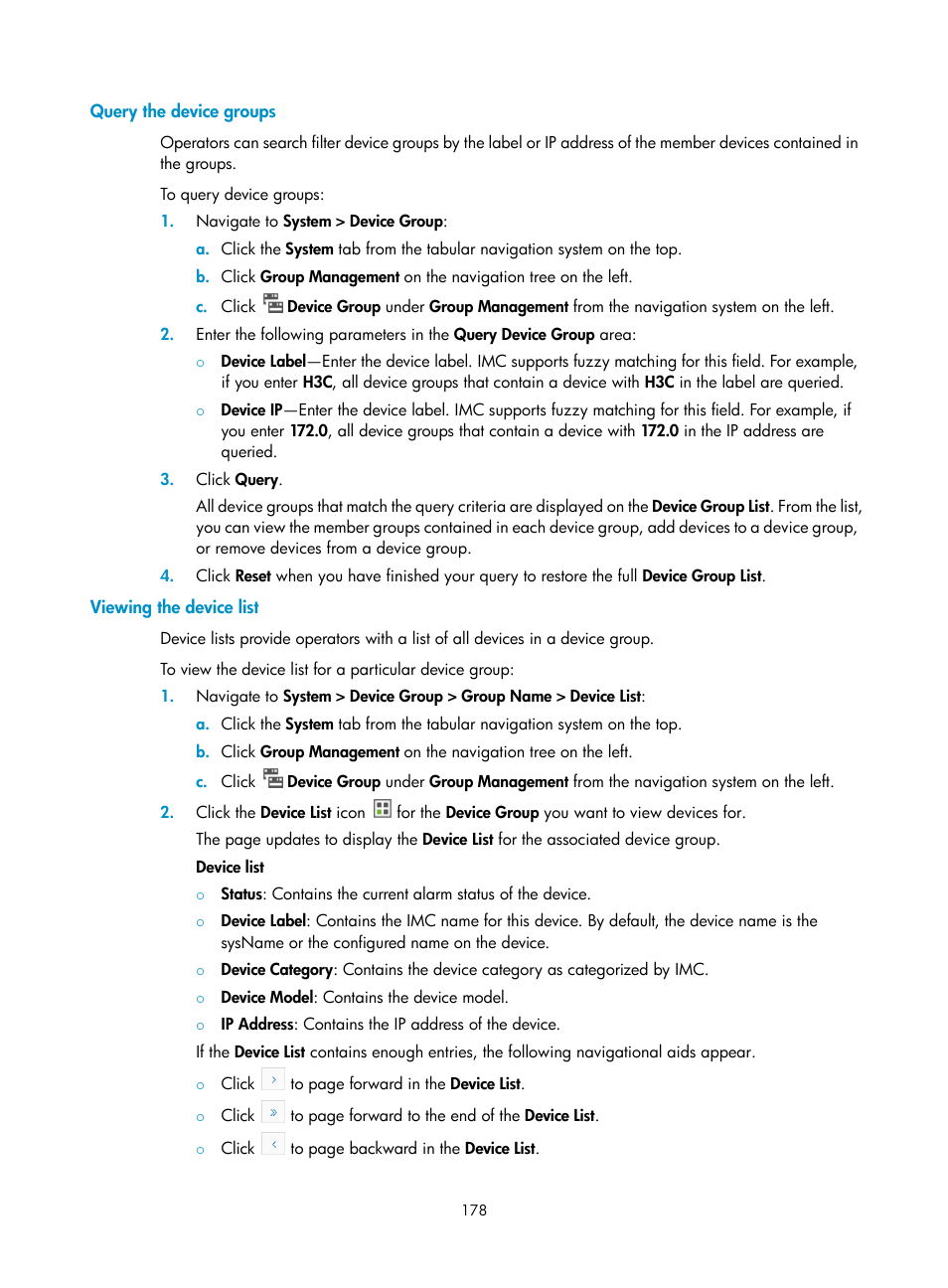 Query the device groups, Viewing the device list | H3C Technologies H3C Intelligent Management Center User Manual | Page 192 / 1065