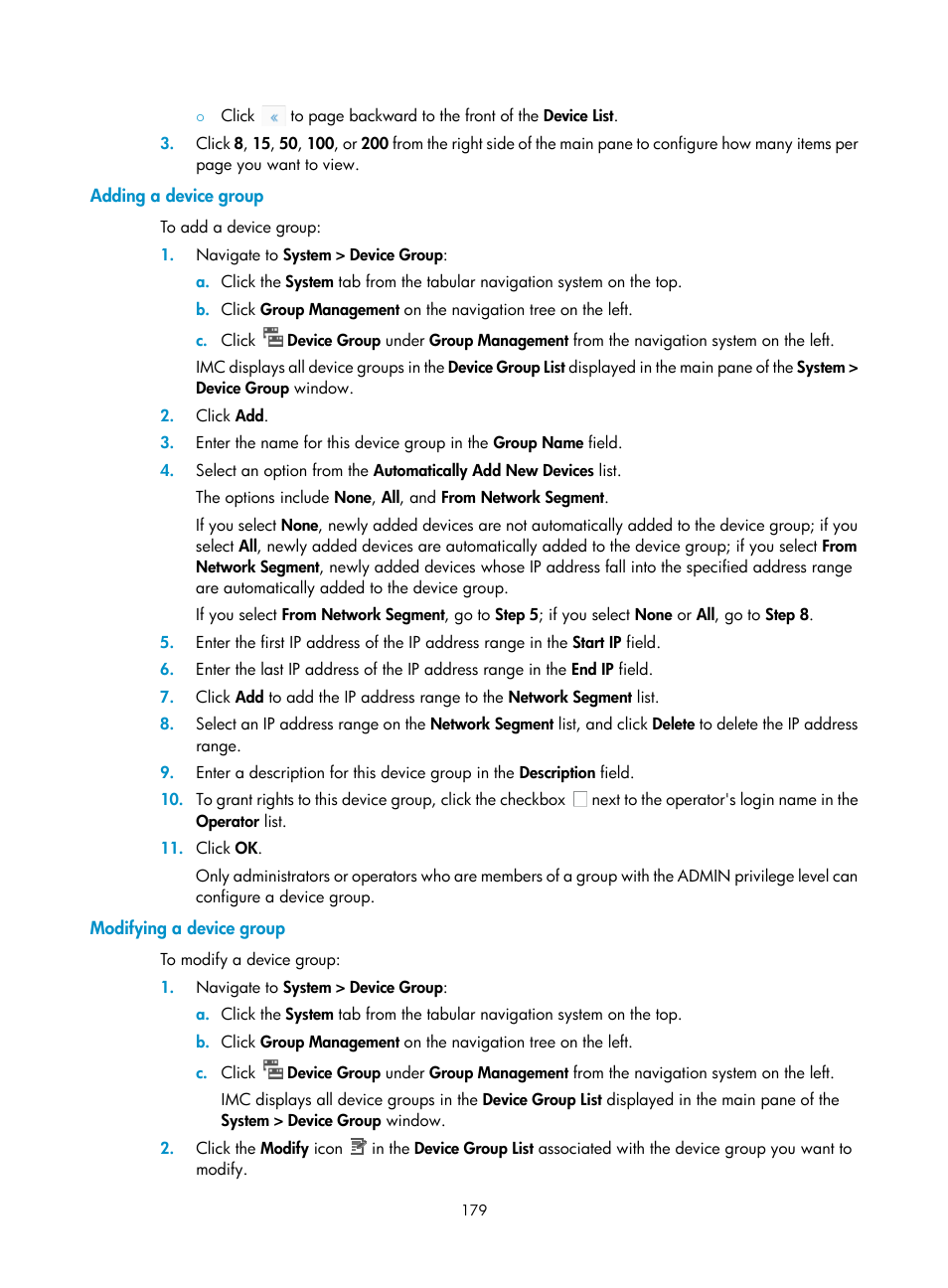 Adding a device group, Modifying a device group | H3C Technologies H3C Intelligent Management Center User Manual | Page 193 / 1065