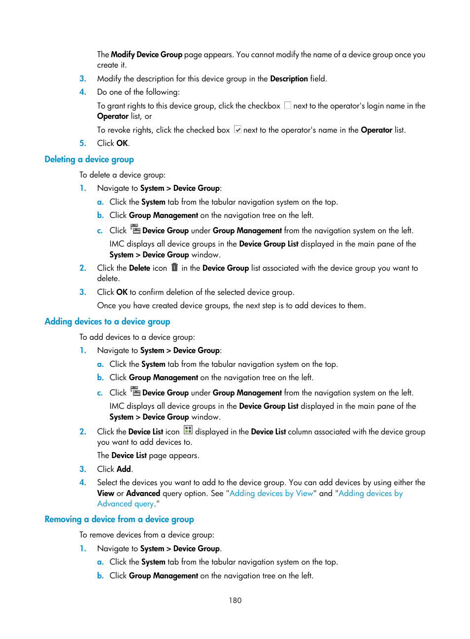 Deleting a device group, Adding devices to a device group, Removing a device from a device group | H3C Technologies H3C Intelligent Management Center User Manual | Page 194 / 1065