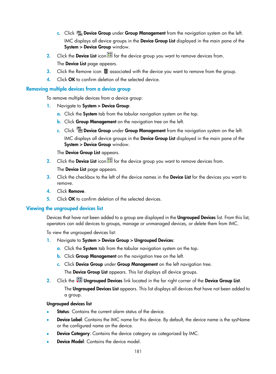 Removing multiple devices from a device group, Viewing the ungrouped devices list | H3C Technologies H3C Intelligent Management Center User Manual | Page 195 / 1065