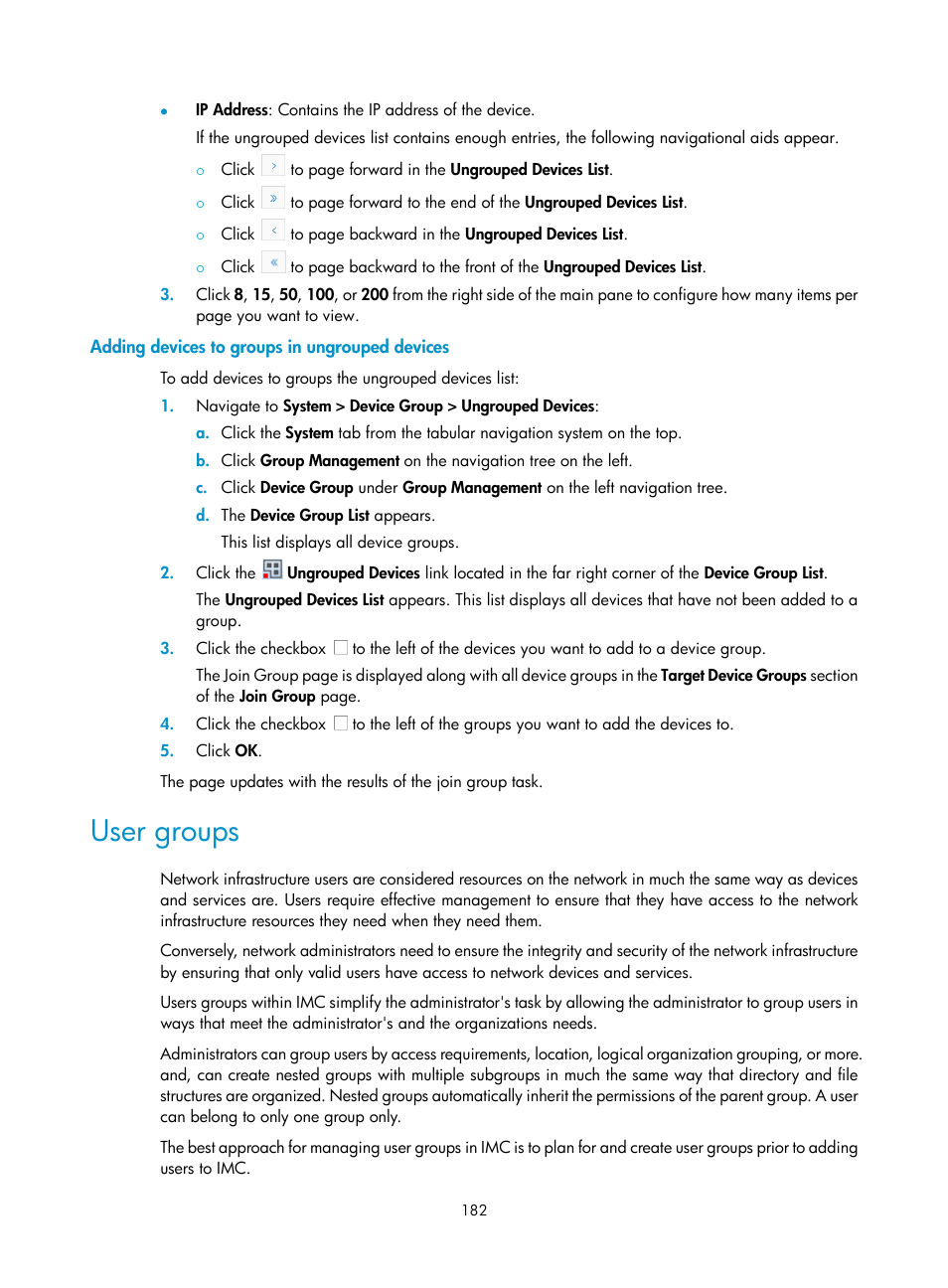 Adding devices to groups in ungrouped devices, User groups | H3C Technologies H3C Intelligent Management Center User Manual | Page 196 / 1065