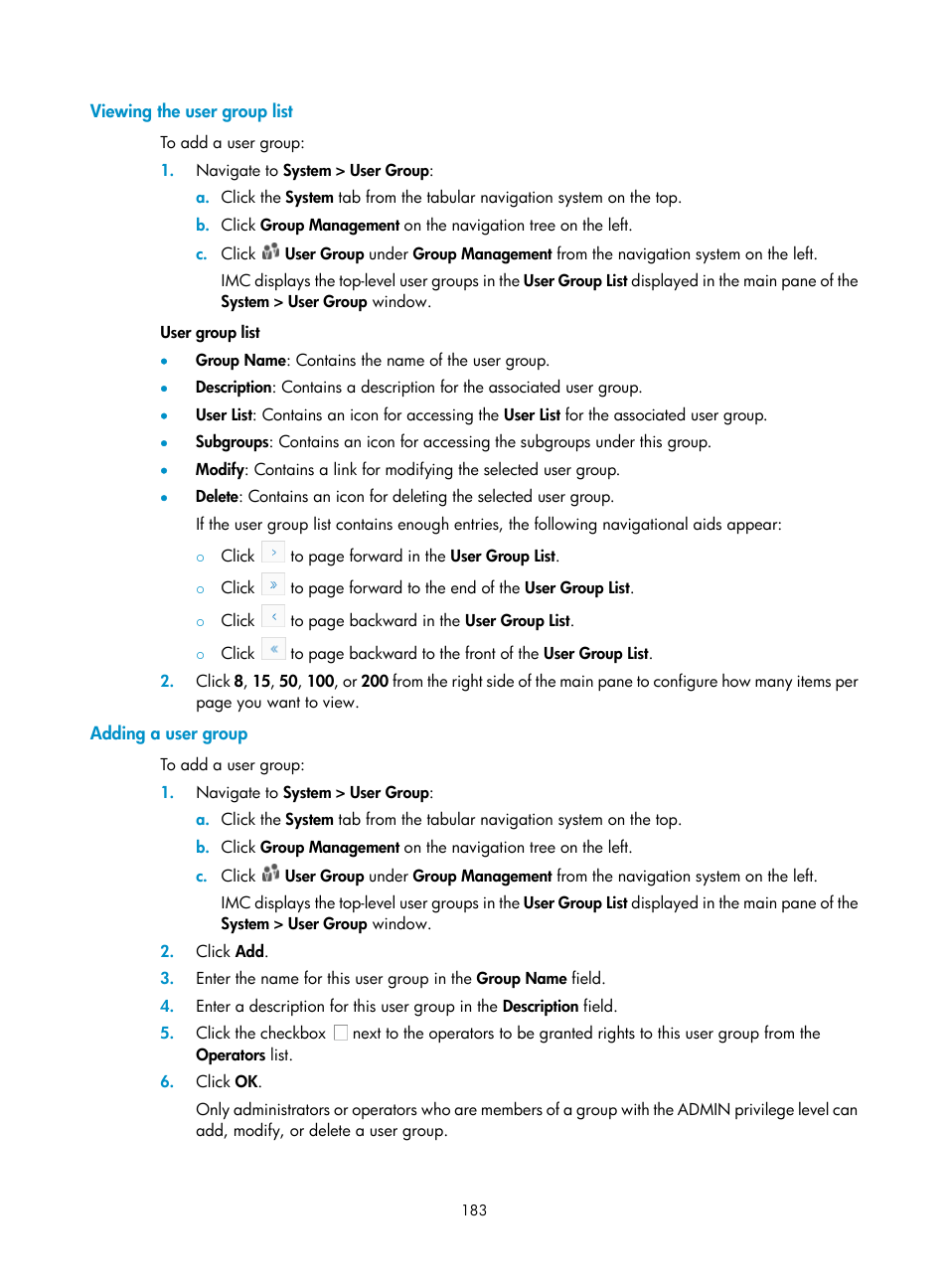 Viewing the user group list, Adding a user group | H3C Technologies H3C Intelligent Management Center User Manual | Page 197 / 1065