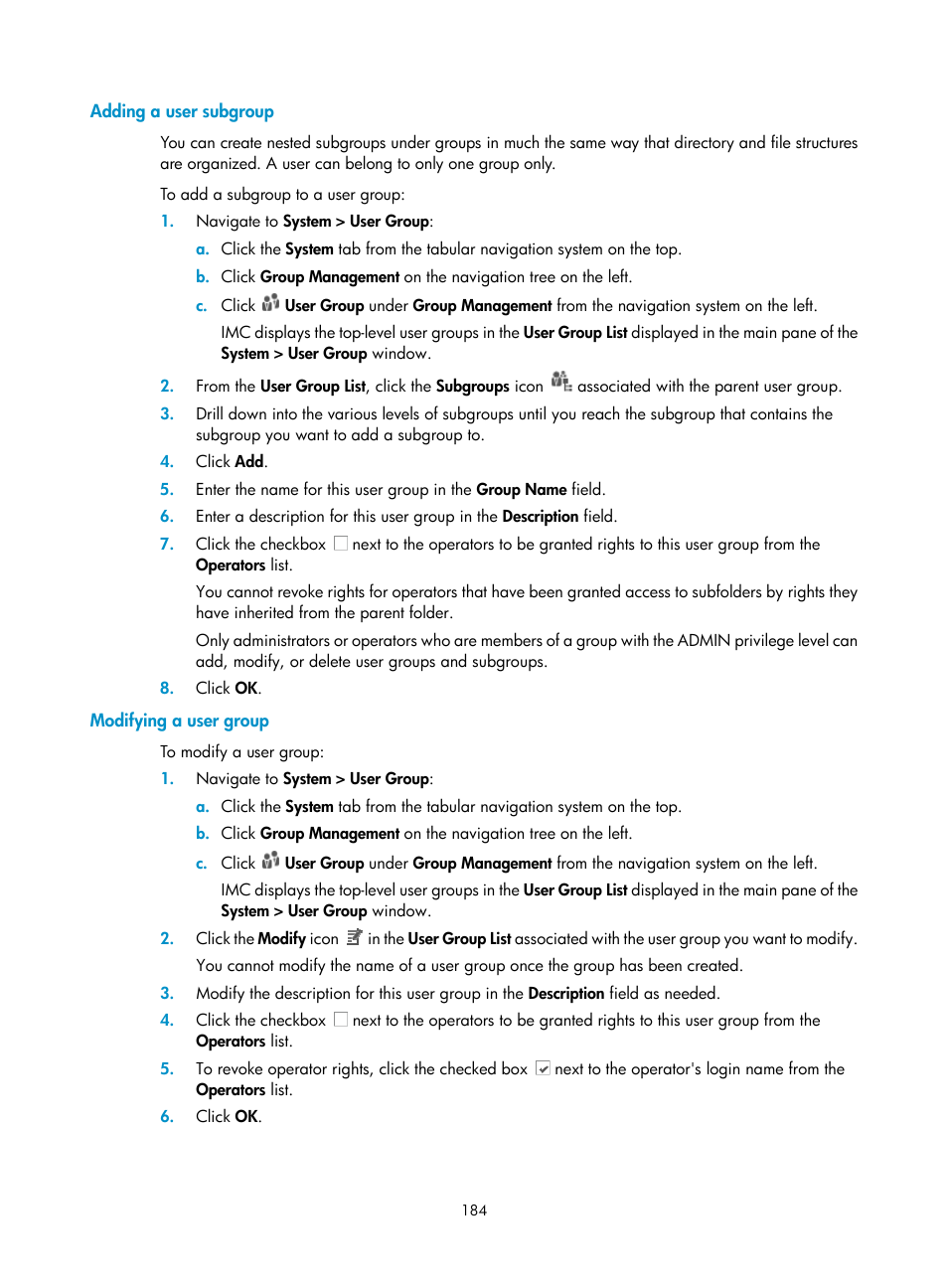 Adding a user subgroup, Modifying a user group | H3C Technologies H3C Intelligent Management Center User Manual | Page 198 / 1065